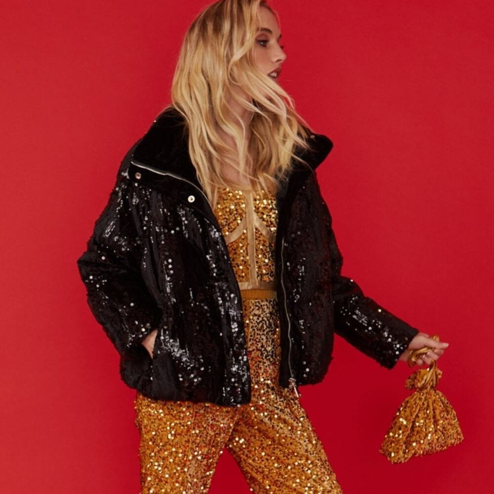 Jayley Sequin Puffer Coat Black Long Sleeve Hip Length Gala Luxe Women's L/XL